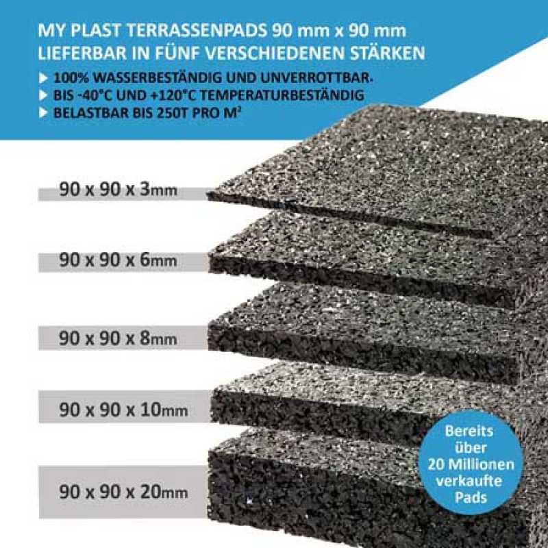 90 mm × 90 mm – 3/6/8/10/20 mm Gummigranulat Terrassenpads Unterlage für WPC & Holzterrassen